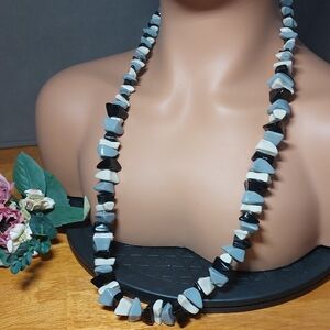 Vintage Chunky Black Grey Bead Necklace Long